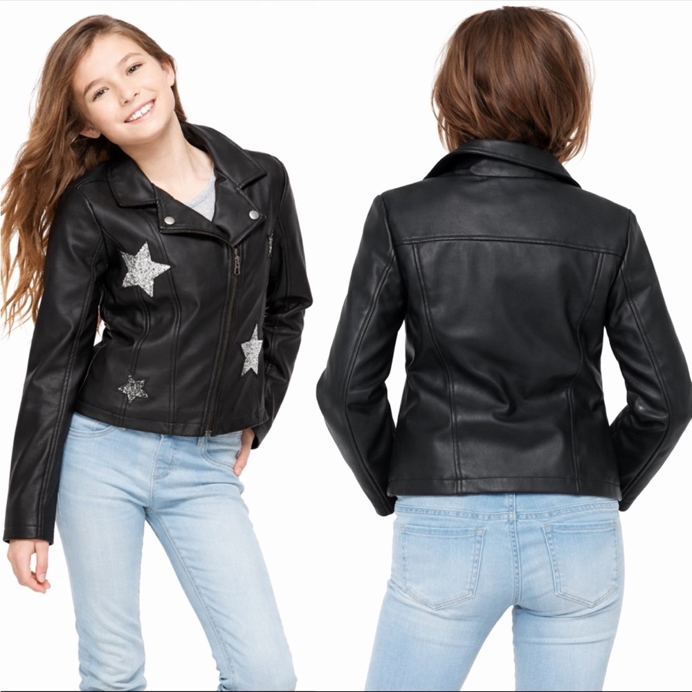 Justice Girls Black Faux Leather Moto Jacket with Silver Star Appliqués